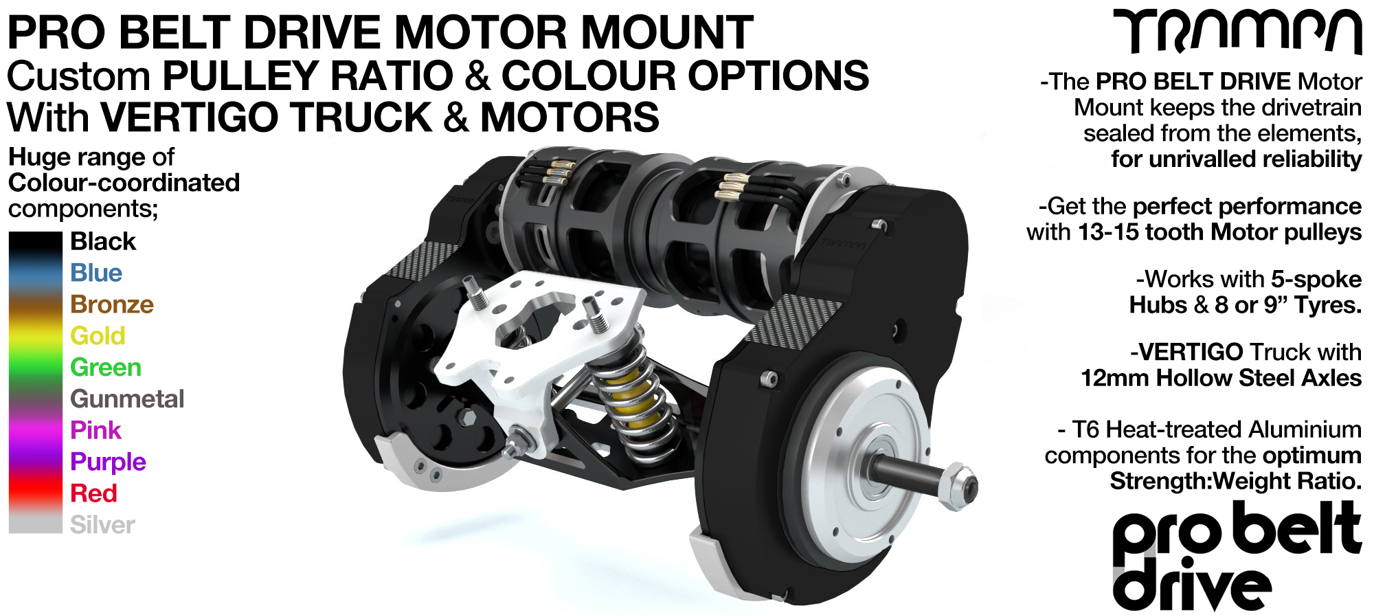 16mm PRO BELT DRIVE LOADED Motor Mounts MOTORS, PULLEYS & Motor PROTECTION FILTERS mounted on a CNC TRUCK