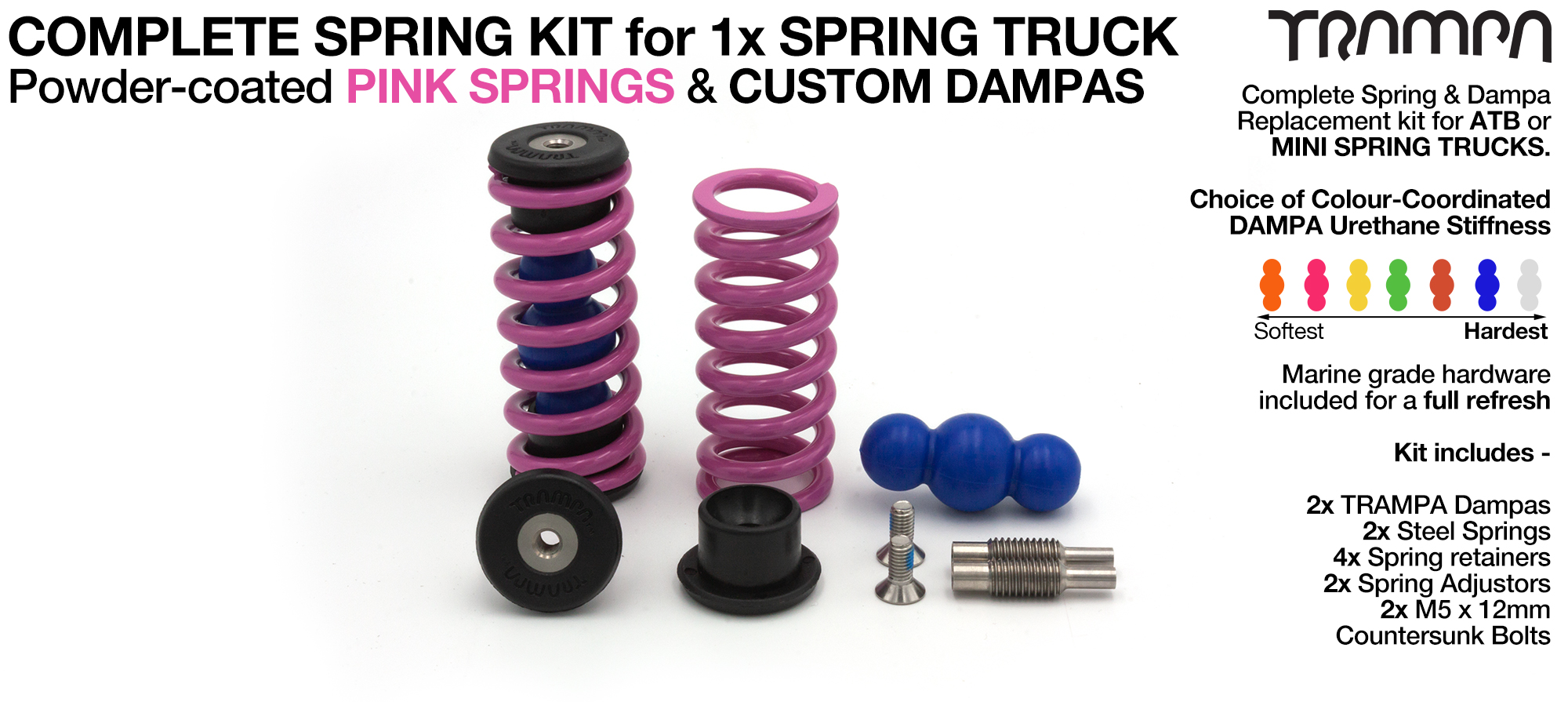 Spring kit Complete for 1x Truck - 2x Springs 2x Dampas 4x Spring Retainers 2x Spring Adjuster & 2 M5x12mm Countersunk Bolt 