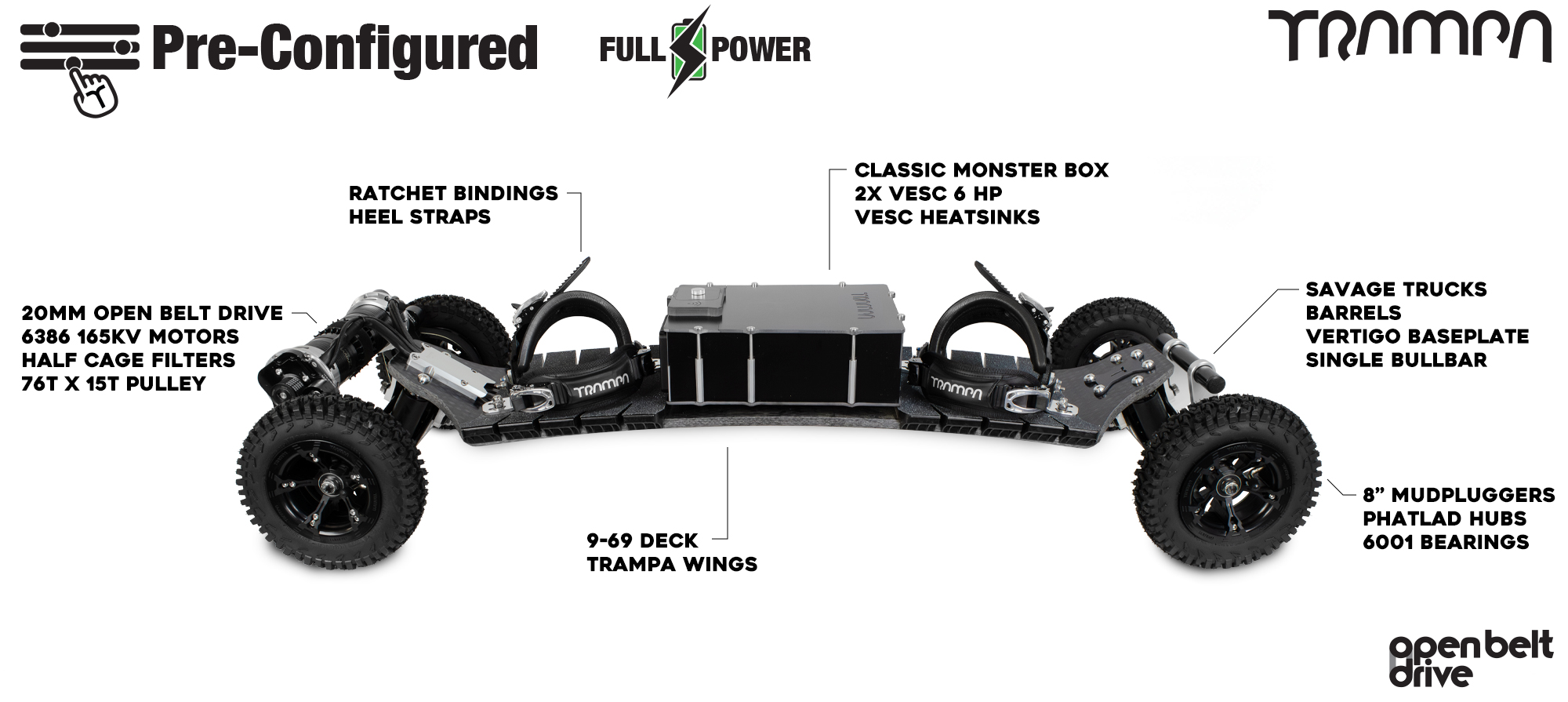 Pre-Configured - Full Power - Open Belt Drive Electric Mountainboard