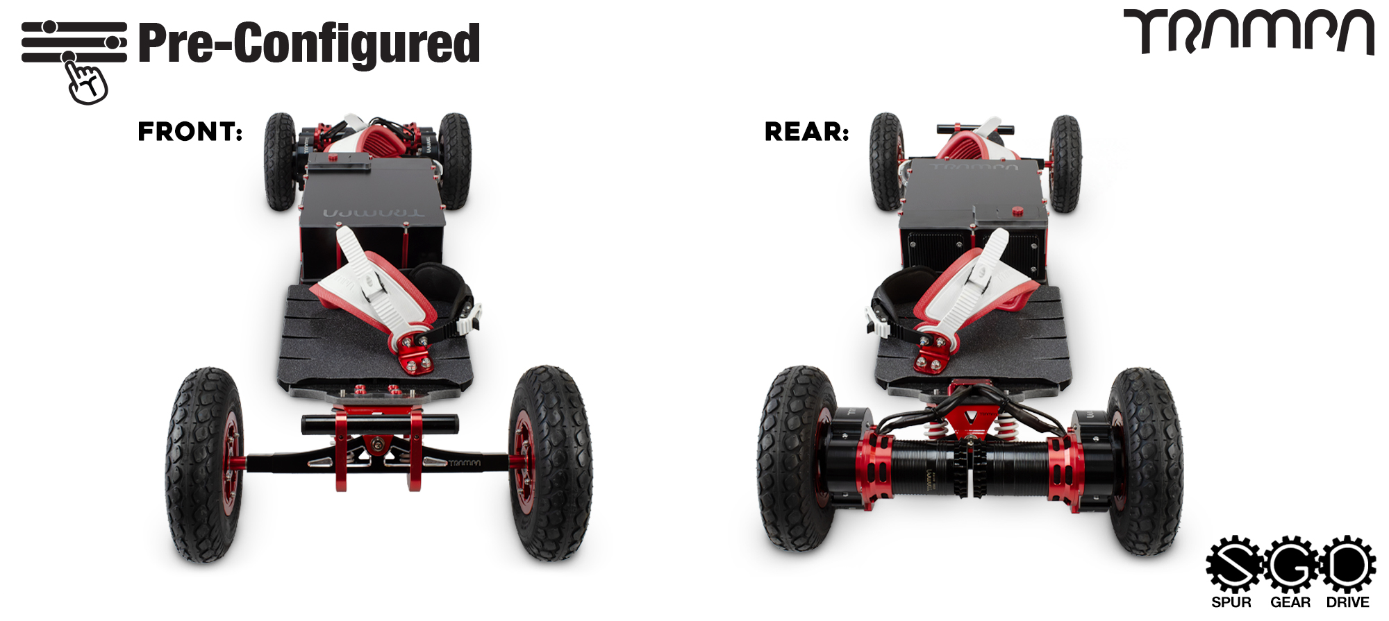 Pre-Configured - Spur Gear Drive Electric Mountainboard - Savage Trucks, Massive Monster Box & Megastars - Red & White