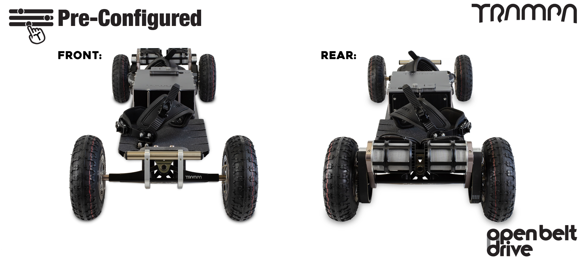 Pre-Configured - Open Belt Drive Electric Mountainboard - Vertigo Trucks, Classic Monster Box & Megastars - Gunmetal & Silver