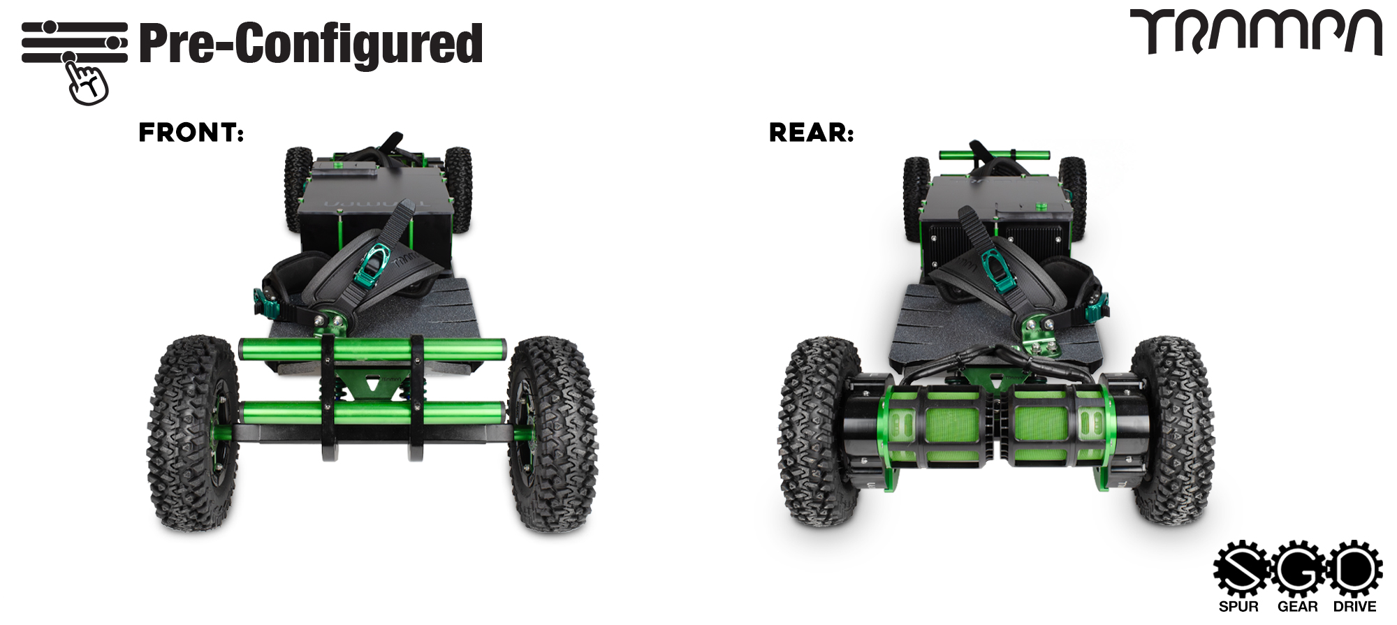 Pre-Configured - Spur Gear Drive Electric Mountainboard - Infinity Trucks, Massive Monster Box & Superstar - Green