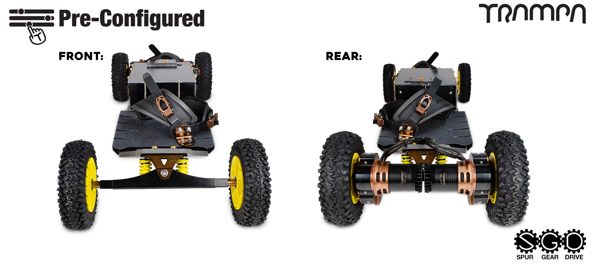 Pre-Configured - Spur Gear Drive Electric Mountainboard - Infinity Trucks, Classic Monster Box & Phatlads - Yellow & Bronze