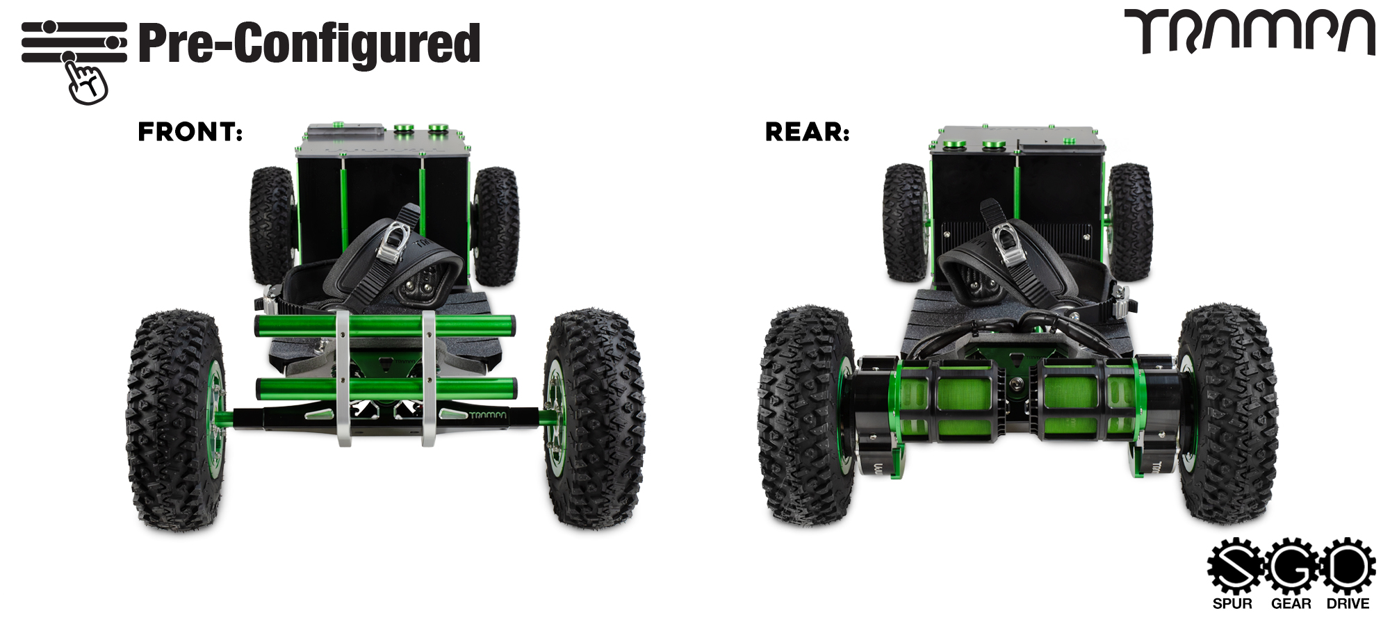 Pre-Configured - Spur Gear Drive Electric Mountainboard - Savage Trucks, Double Stack Massive Monster Box & Megastar - Green & Silver