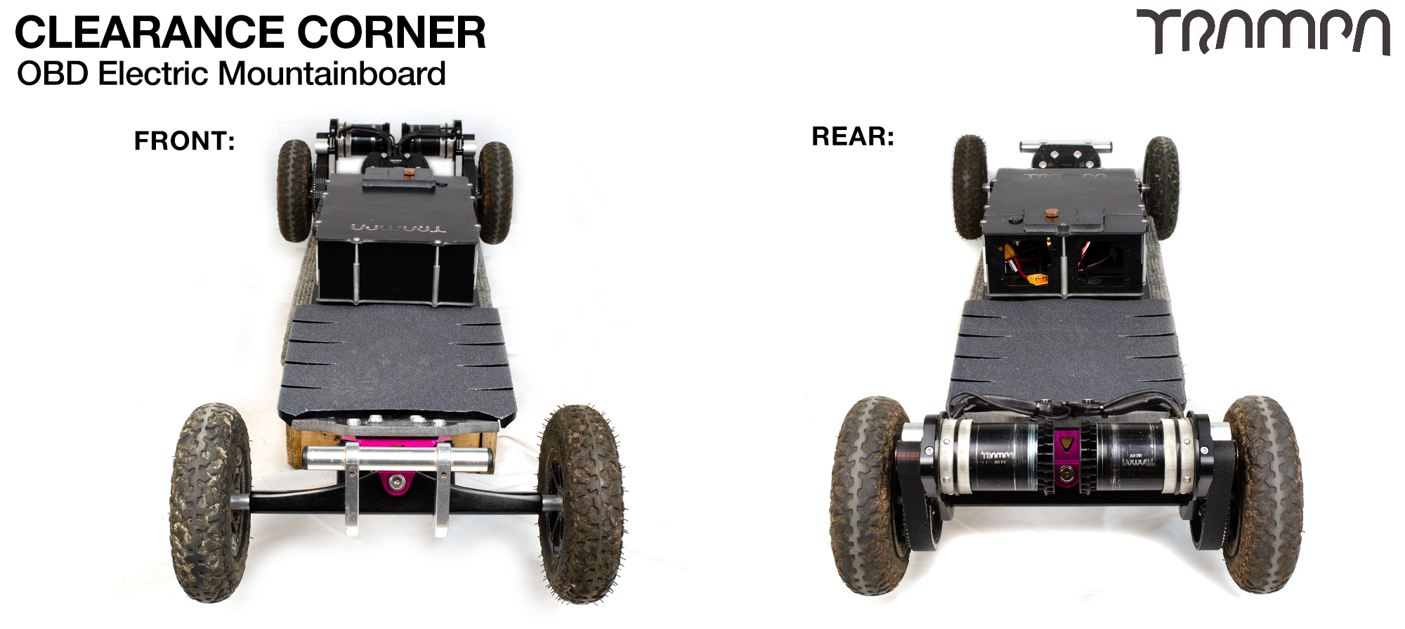 Clearance Electric Mountainboard - 17ply 9/69 Original Deck with Wings, Infinity Trucks and Single Bullbar, Classic Monster Box, Open Belt Drive 15/69 160kv Motors, Phatlad & Hypa Wheels with 8 inch Tread Tyres