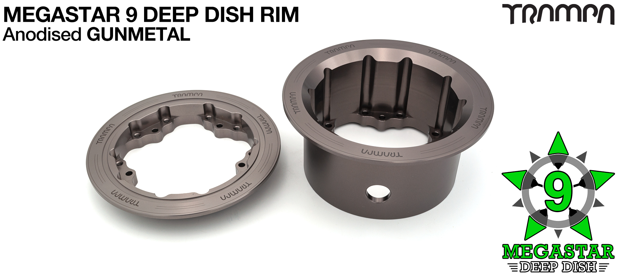 MEGASTAR 9 DEEP-DISH Rims Measure 3.75/4x 3 Inch. The Bearings are positioned OFF-SET & accept 4 Inch Rim Tyres to make 9 or 10 inch Wheels