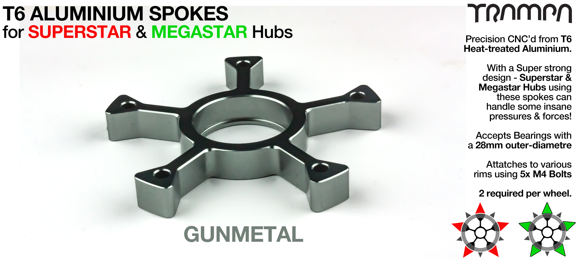 GUNMETAL Anodised CLASSIC 5 SPOKE - Extruded T6 Aluminum Heat treated & CNC Precision milled fits all SUPERSTAR & MEGASTAR Wheels