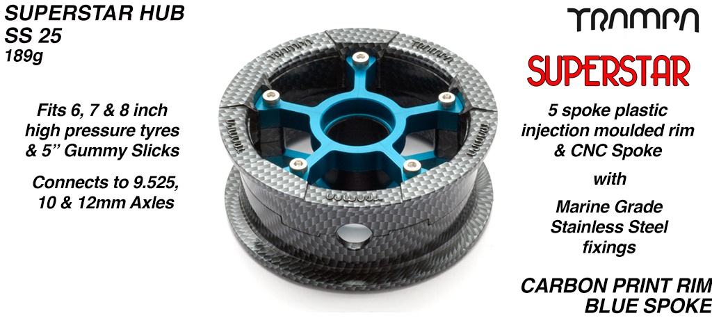 SUPERSTAR Hub 3.75 x 2 Inch - Carbon print Rim with Blue anodised Spokes & Marine Grade Stainless Steel Bolt kit