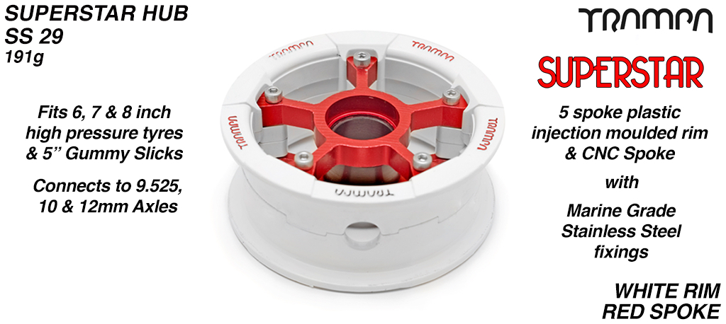SUPERSTAR Hub 3.75 x 2 Inch - White Gloss & Red logo Rim with Red anodised Spokes & Marine Grade Stainless Steel Bolt kit