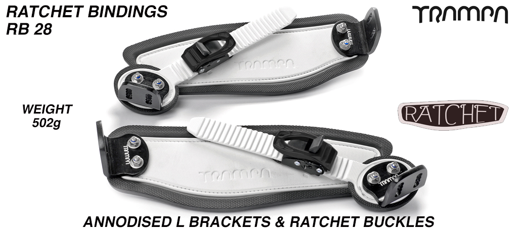Ratchet Bindings - White Straps on Black Foam with Black L-Brackets & Ratchets