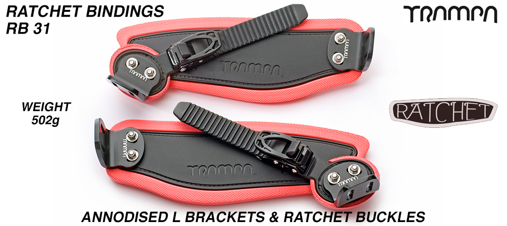 Ratchet Bindings - Black straps on Red foam with Black L Brackets & Ratchets