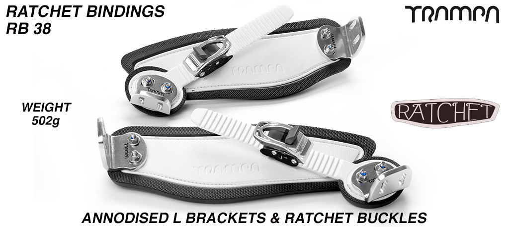 Ratchet Bindings - White Straps on Black Foam with Silver L Brackets & Ratchets