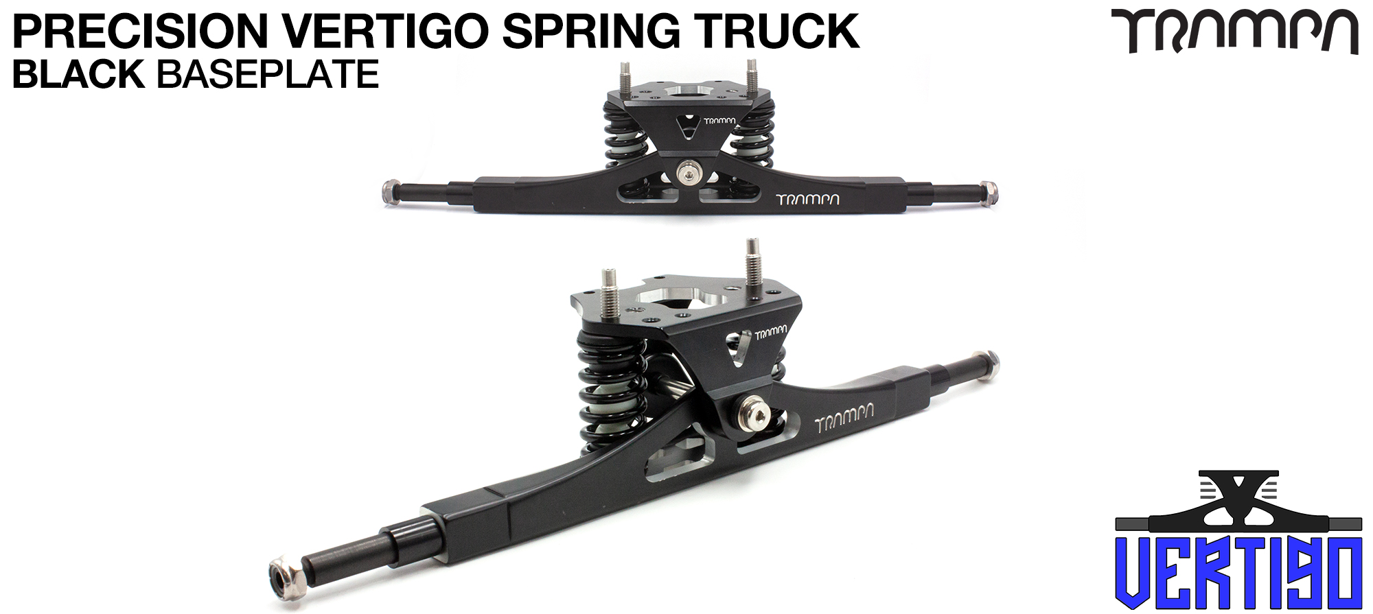 PRECISION CNC VERTIGO Truck BLACK - 12mm Hollow Axles with GUNMETAL CNC baseplate Steel Kingpin TRAMPA Spring Trucks