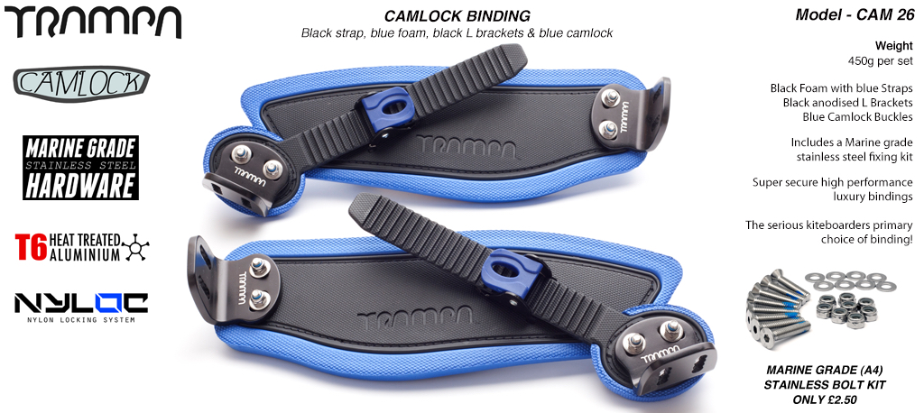Camlock Bindings - Black straps on Blue Foam with Black L Brackets & Blue Camlocks
