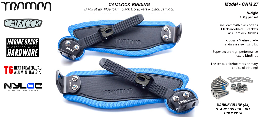 Camlock Bindings - Black straps on Blue Foam with Black L Brackets & Black Camlocks