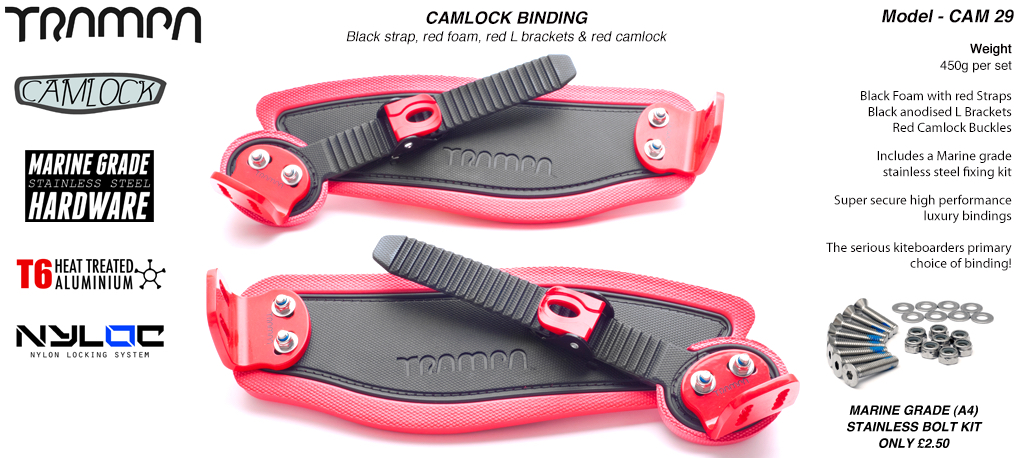 Camlock Bindings - Black straps on Red Foam with Red L Brackets & Red Camlocks
