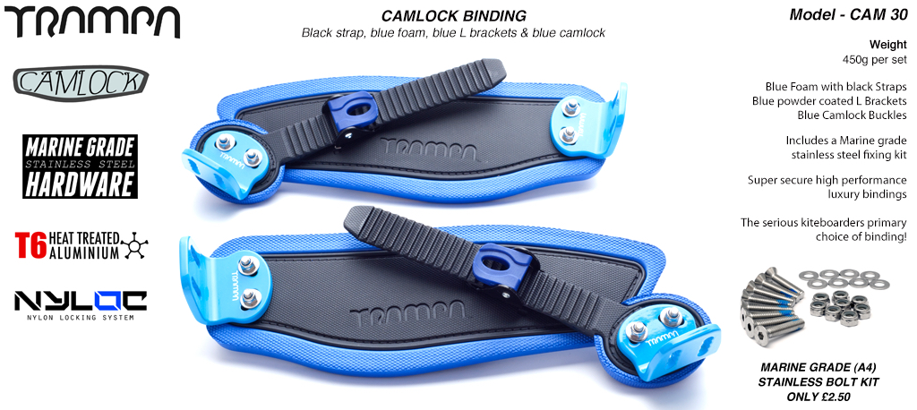 Camlock Bindings - Black straps on Blue Foam with Blue L Brackets & Blue Camlocks