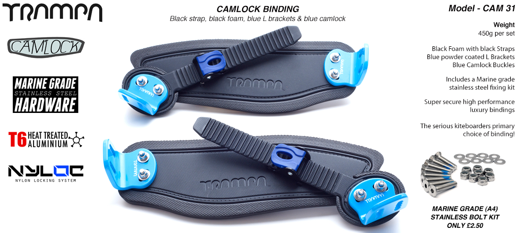 Camlock Bindings - Black straps on Black Foam with Blue L Brackets & Blue Camlocks