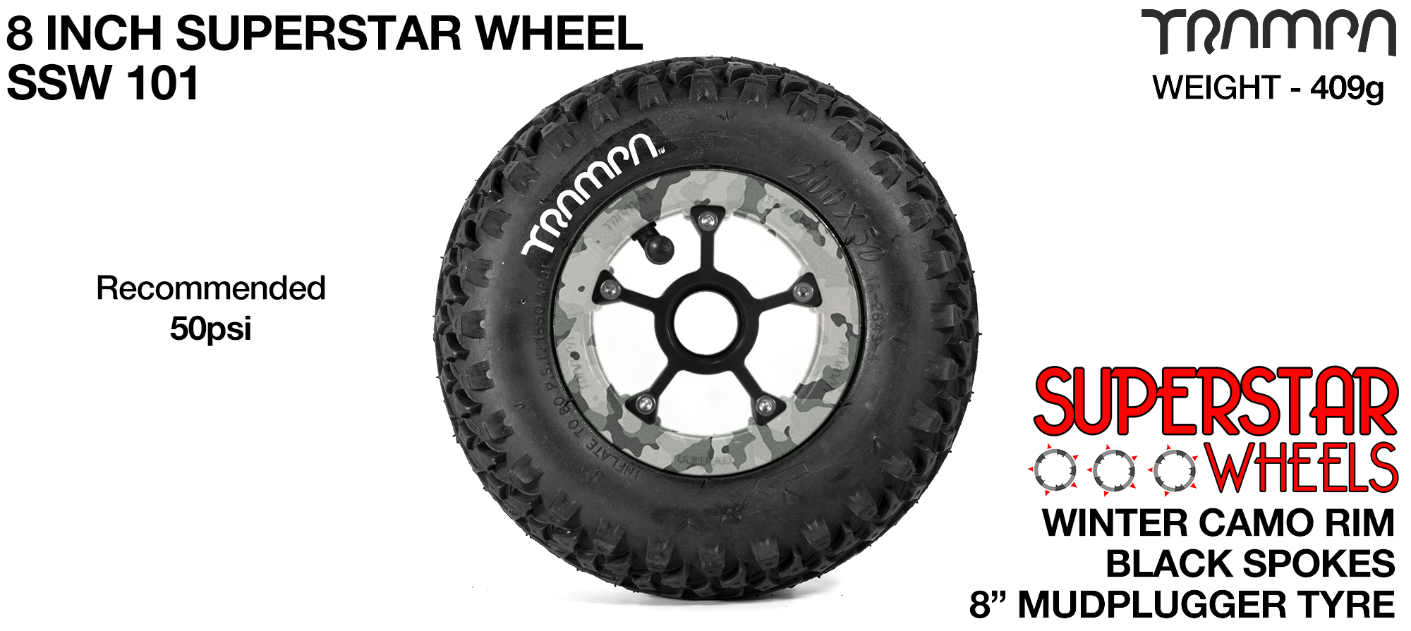 Superstar 8 inch wheels -  Winter Camo Rim Black Spokes & Mud Plugger 8 Inch Tyre