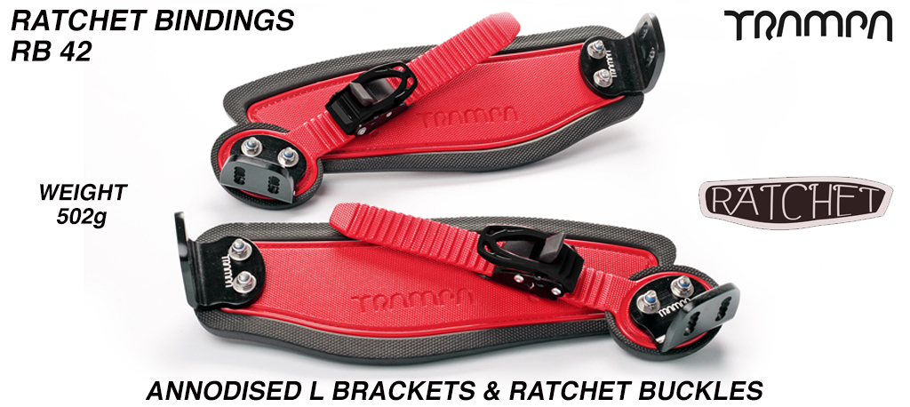 Ratchet Bindings - Red Straps on Black Foam with Black L Brackets & Black Ratchets