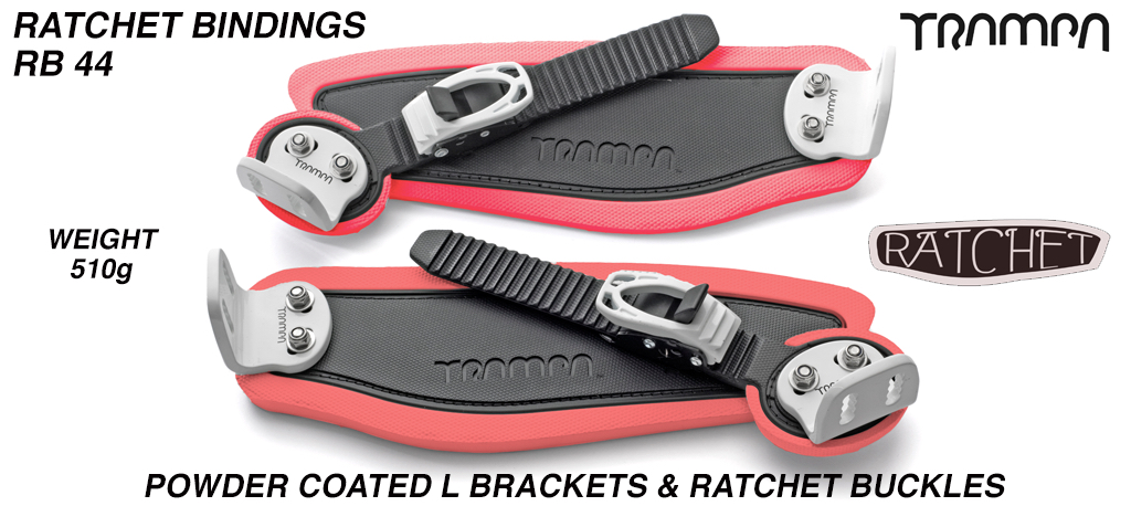 Ratchet Bindings - Black straps on Red foam with White L Brackets & Ratchets
