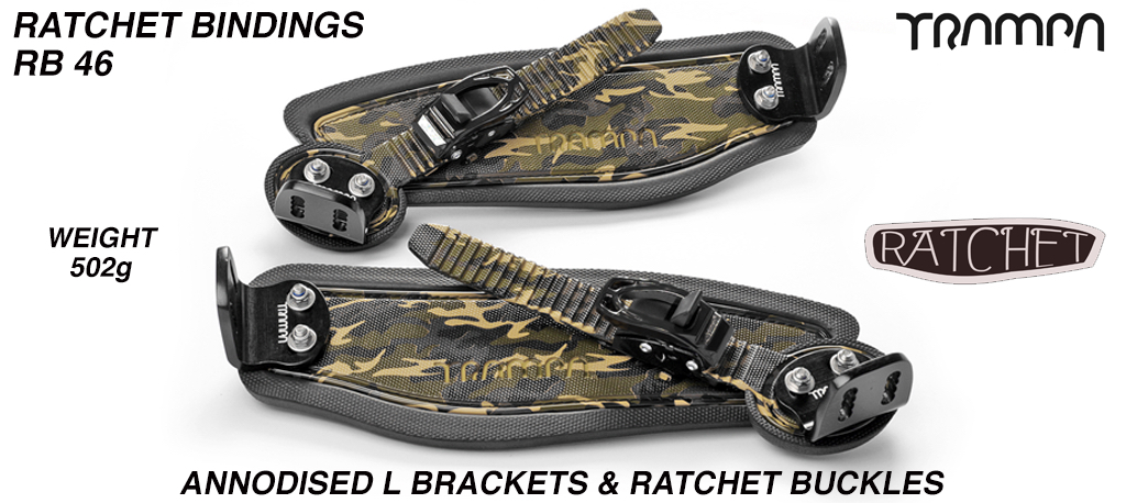 Ratchet Bindings - Army Camo straps on Black Foam Black L Brackets & Ratchets