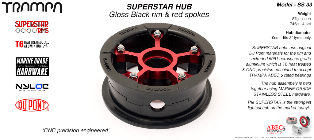 SUPERSTAR Hub 3.75 x 2 Inch - Black Rim with Red anodised Spokes & Marine Grade Stainless Steel Bolt kit 