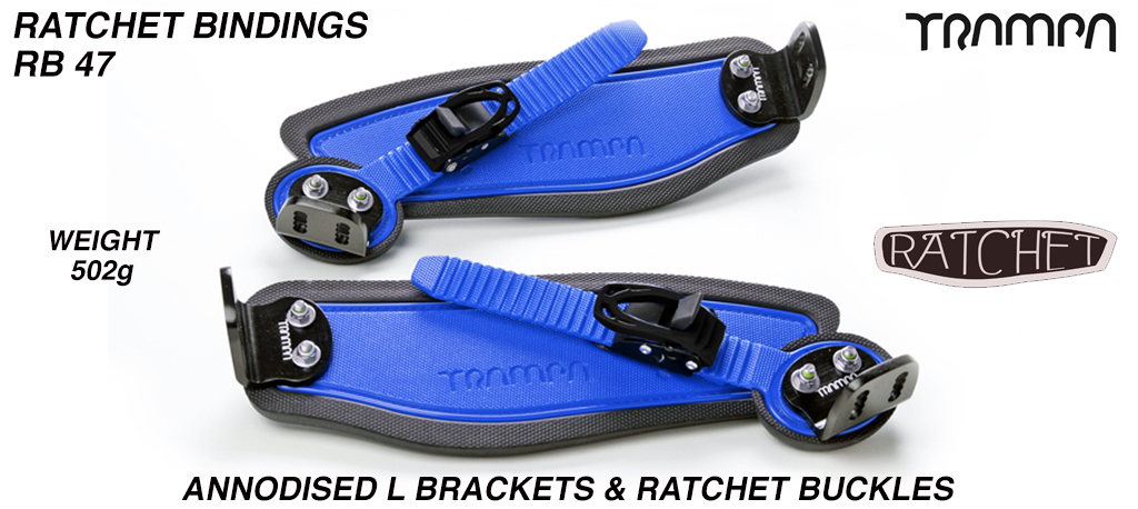 Ratchet Bindings - Blue strap on Black Foam with Black L Brackets & Ratchets