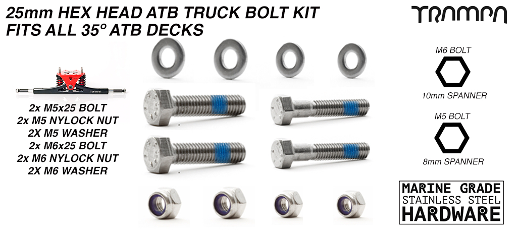 25mm Marine Grade Stainless Steel Hex Head SPRING Truck Bolt kit - fits all 35º ATB Decks