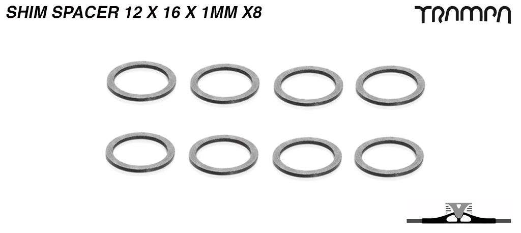 Shim spacer - used to bridge tiny gaps on axles - 12mm (id) x 16mm (od) x 1mm (long) x8