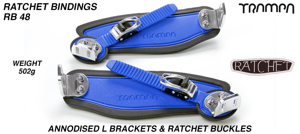 Ratchet Bindings - BLUE straps Black Foam with Silver L Brackets & Ratchets