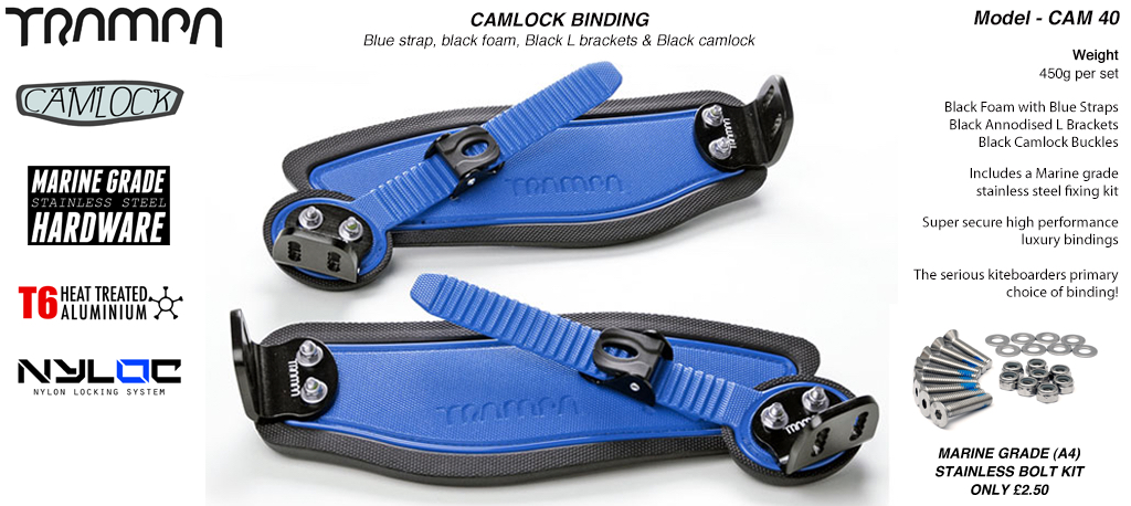 Camlock Bindings - Blue straps on Black Foam with Black L Brackets & Black Camlocks
