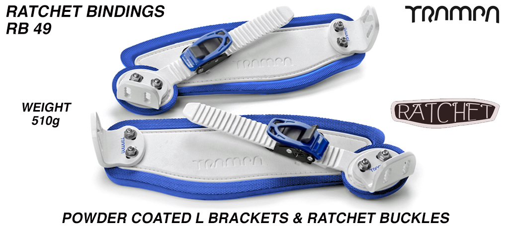 Ratchet Bindings - White straps on Blue Foam White L Brackets & Blue Ratchets