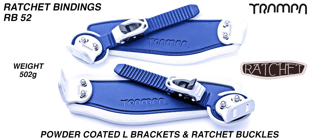 Ratchet Bindings - Blue straps on White Foam with WHITE L Brackets & Ratchets