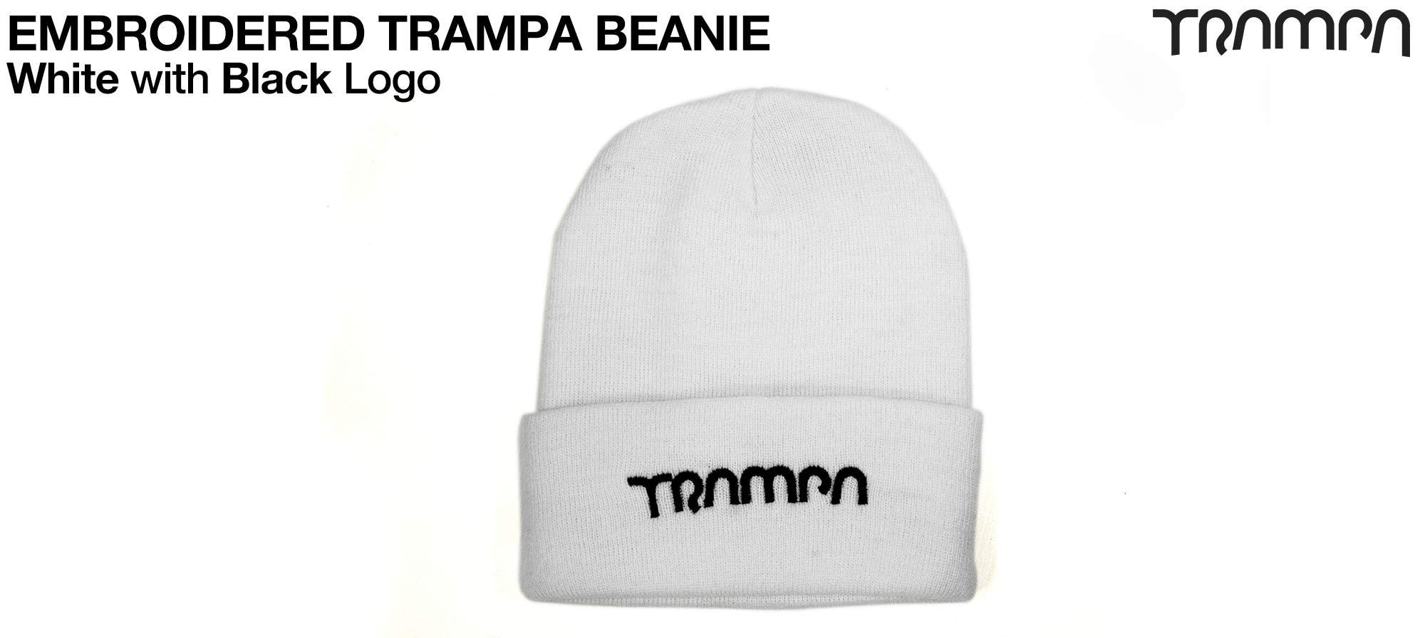 WHITE Wooli Hat with BLACK TRAMPA Embroidery - Double thick turn over for extra warmth