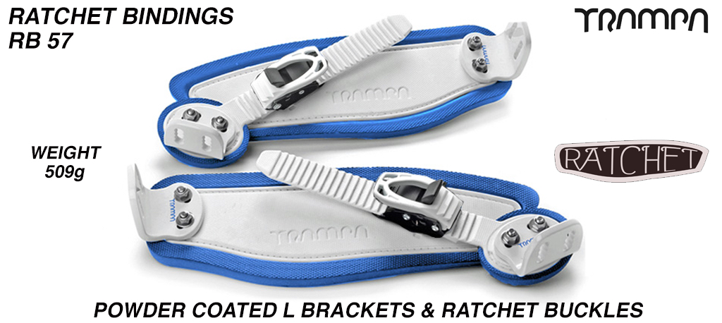 Ratchet Bindings - WHITE straps on BLUE Foam with WHITE L Brackets & WHITE Ratchets