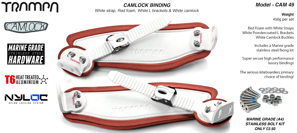 Camlock Bindings - White straps on Red Foam with Red L Brackets & White Camlocks
