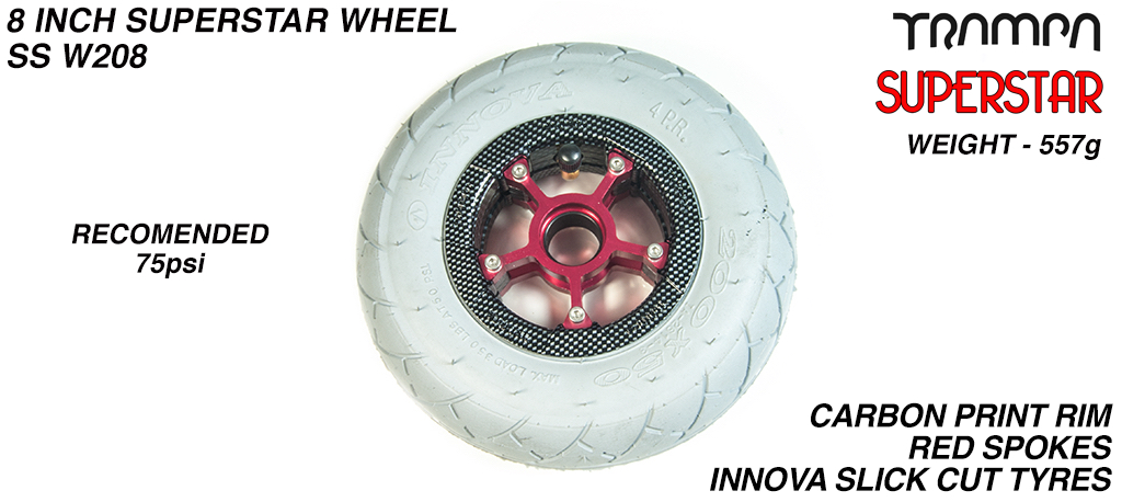 Superstar 8 inch wheels -  Gloss White Rim with Black Anodised spokes & Grey SLICK KK 8 inch Tyre