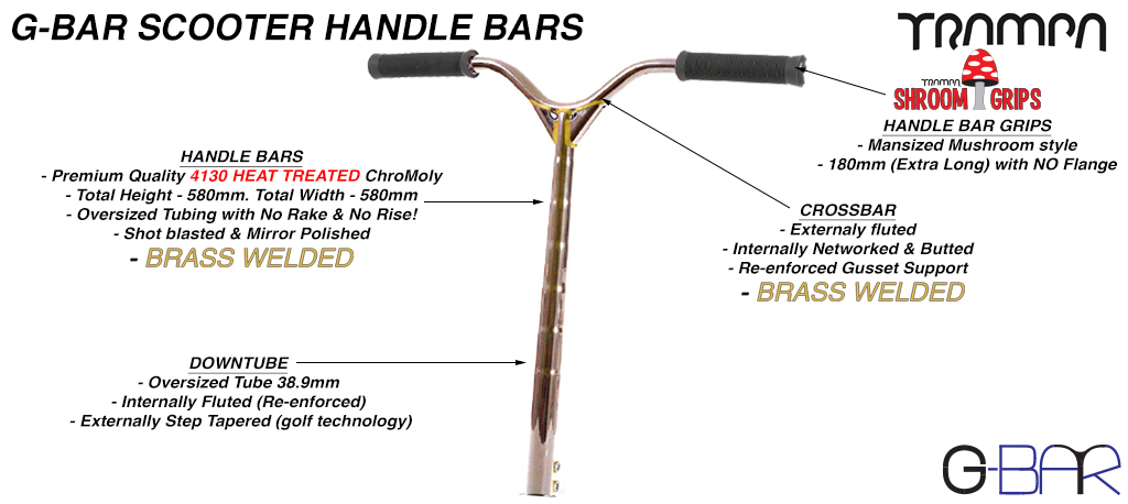 TRAMPA G Bar Handlebars - Internally Fluted & Externally Step Tapered Down Tube, Externaly Fluted & Internally Networked & Butted Crossbar all of which has been Heat Treated Then MIRROW POLISHED made using  42CrMo4 Chromo Steel!!