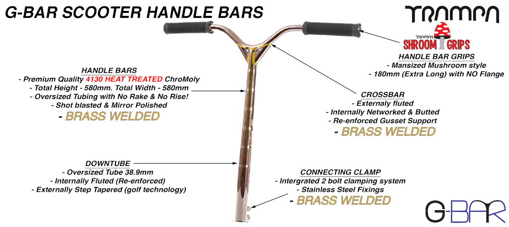 TRAMPA G Bar Handlebars - Internally Fluted & Externally Step Tapered Down Tube, Externaly Fluted & Internally Networked & Butted Crossbar all of which has been Heat Treated Then POLISHED & BRASS WELDED made using  42CrMo4 Chromo Steel!!
