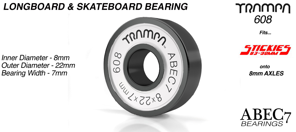Longboard & Skateboard Bearings (8 x 22 x 7mm) WHITE sidewalls with Black Logo ABEC 7 608 