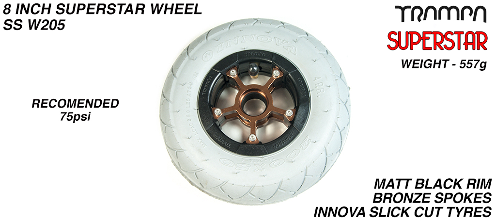 Superstar 8 inch wheels - Matt Black Superstar Rim with Bronze Anodised spokes & Grey SLICK cut 8 inch Tyre