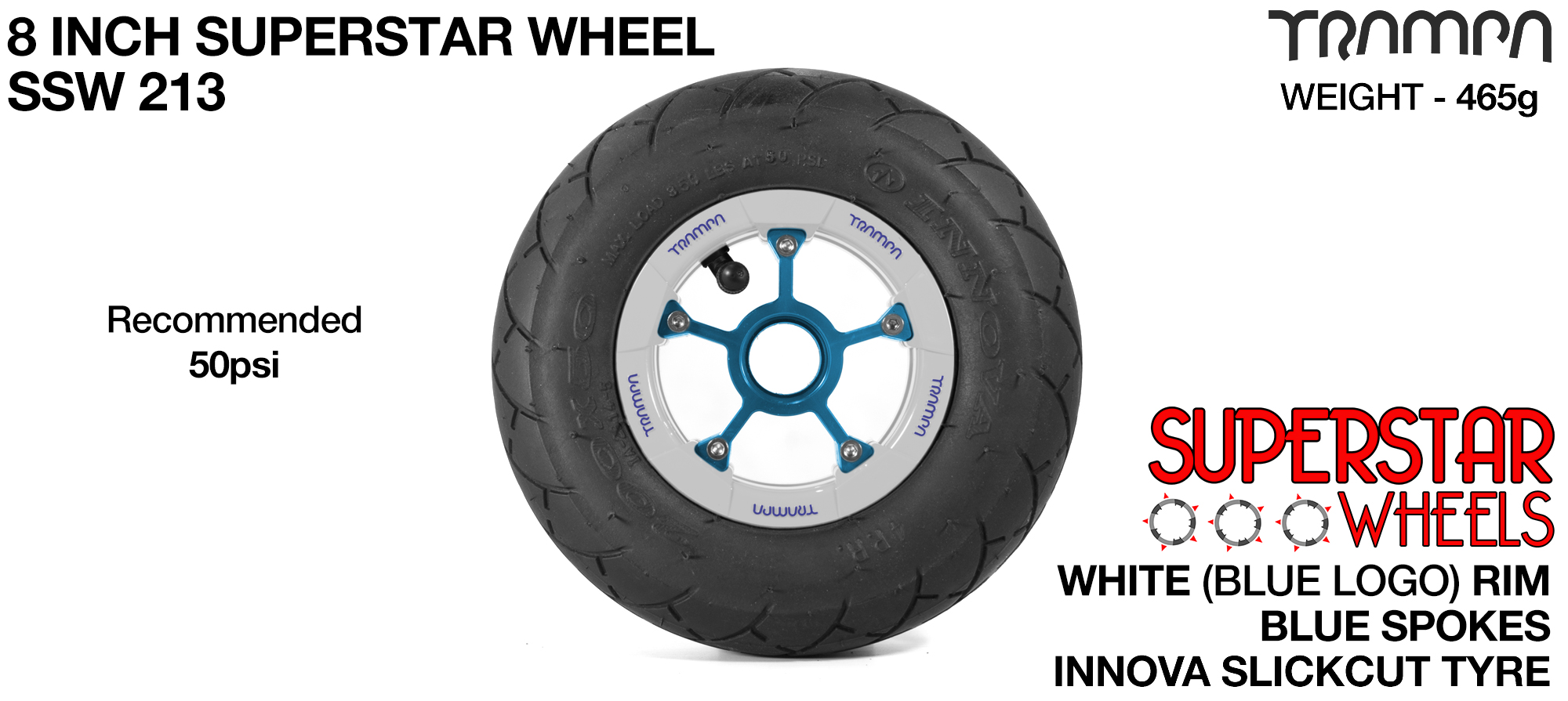 Superstar 8 inch wheels - Gloss White Superstar Rim with Blue Anodised spokes & Black SLICK cut 8 inch Tyre