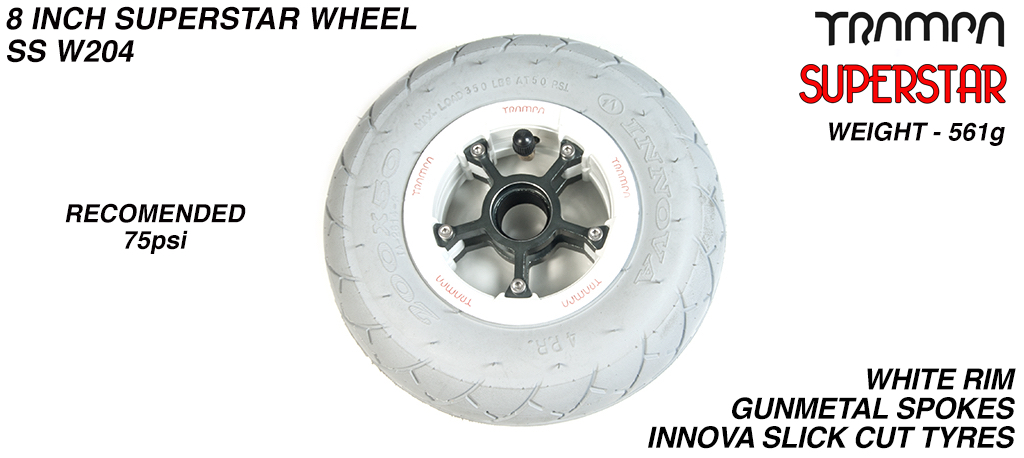 Superstar 8 inch wheels - Gloss White Superstar Rim with Gunmetal Anodised spokes & Grey SLICK cut 8 inch Tyre