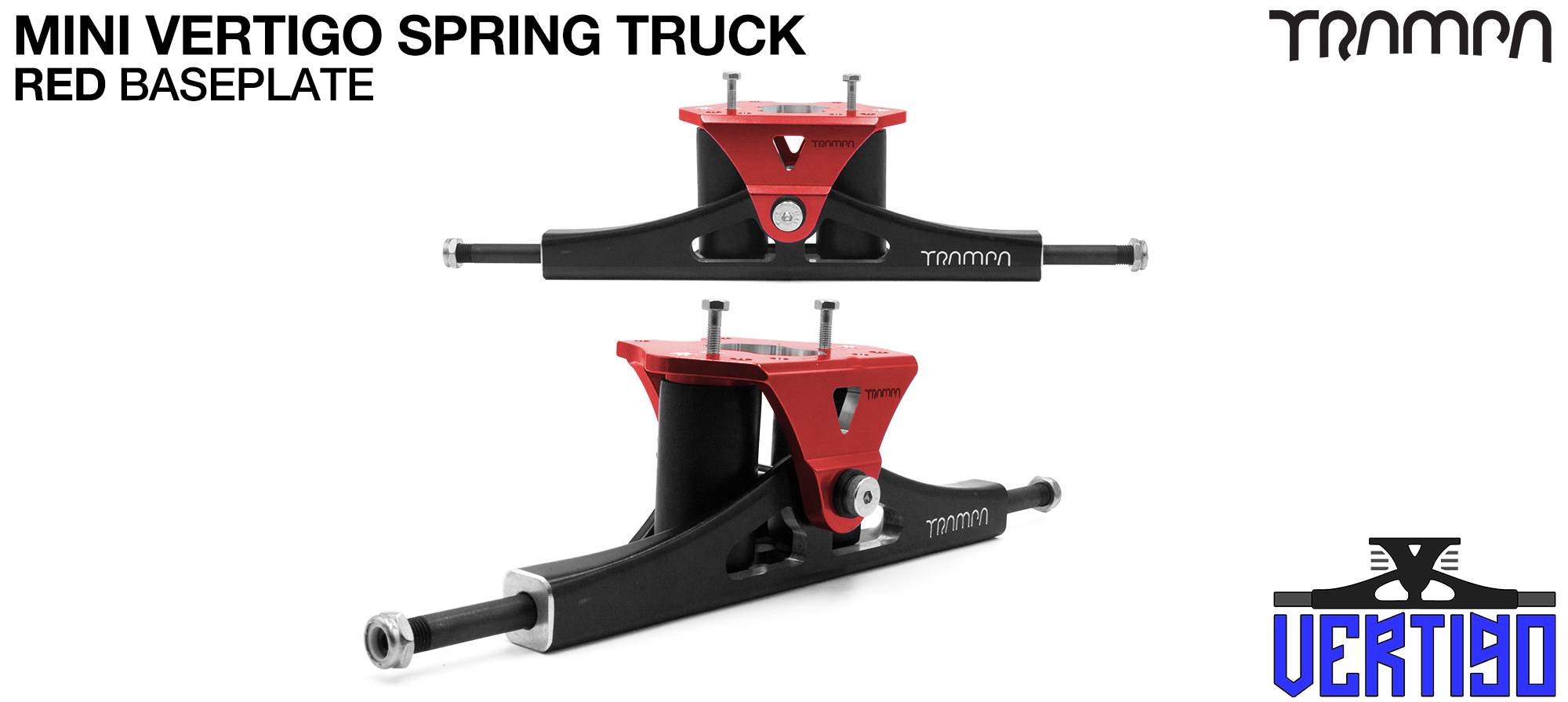 Mini VERTIGO TRAMPA TRUCKS - CNC FORGED Channel Hanger with 9.525mm HOLLOW Steel Axle CNC Baseplate Stainless Steel Kingpin - RED