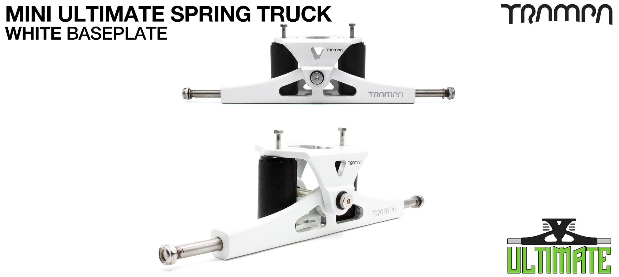 Mini ULTIMATE TRAMPA TRUCKS - CNC FORGED Channel Hanger with 9.525mm TITANIUM Axle CNC Baseplate TITANIUM Kingpin - WHITE