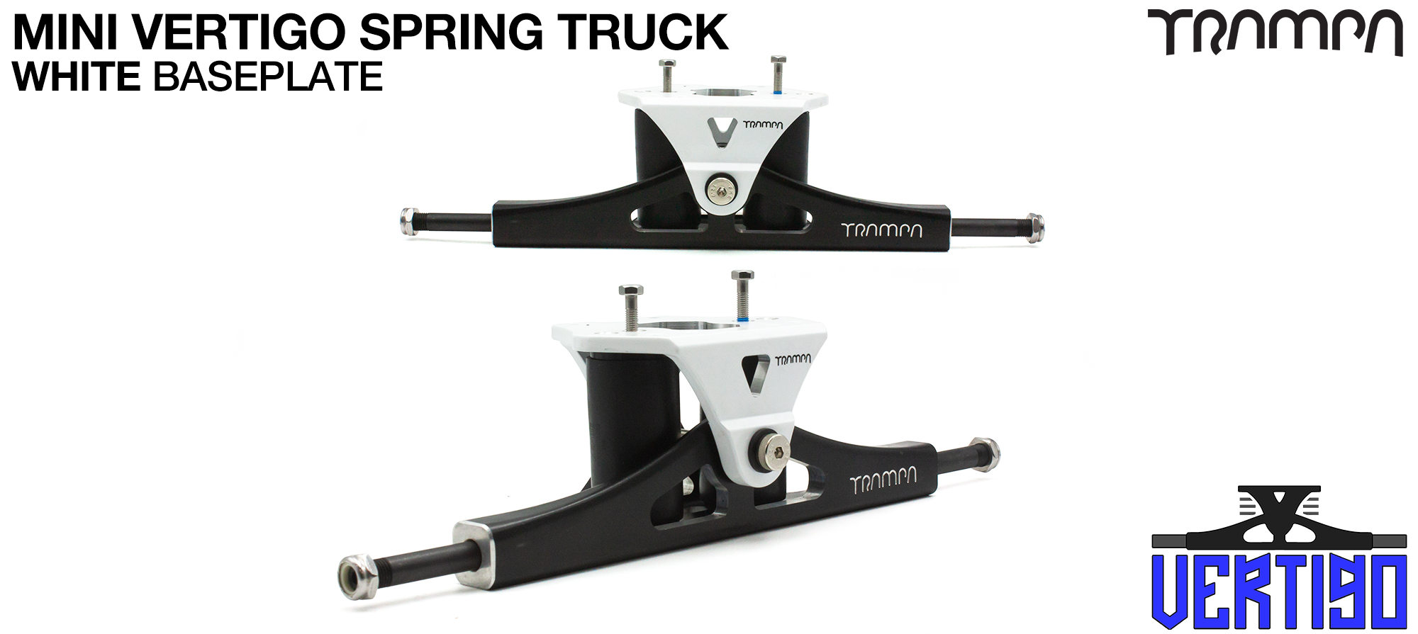 Mini VERTIGO TRAMPA TRUCKS - CNC FORGED Channel Hanger with 9.525mm HOLLOW Steel Axle CNC Baseplate Stainless Steel Kingpin - WHITE