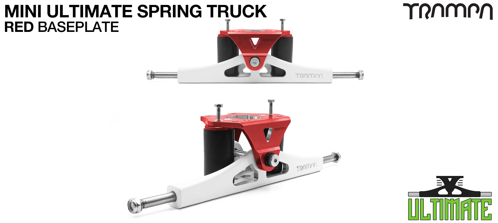 Mini ULTIMATE TRAMPA TRUCKS - CNC FORGED Channel Hanger with 9.525mm TITANIUM Axle CNC Baseplate TITANIUM Kingpin - RED
