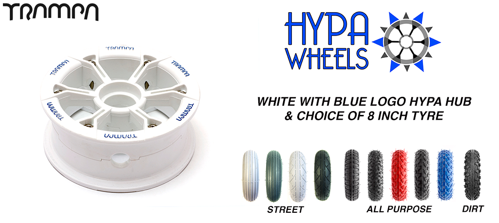 Gloss White with BLUE Logos Hypa hub & Custom Tyre