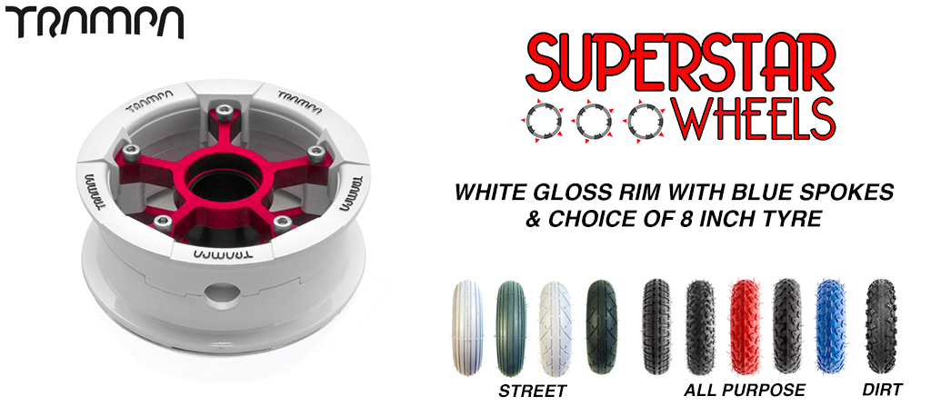 Superstar 8 inch wheel - WHITE Gloss with RED Logo Superstar rim RED spoke with CUSTOM Tyre 8 INCH WHEEL 